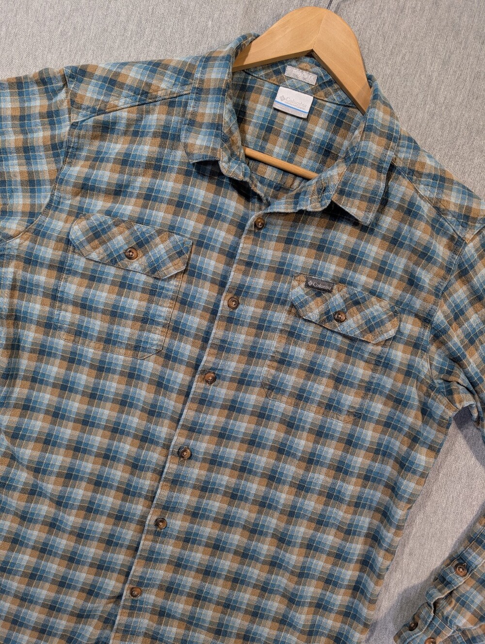 Columbia Plaid Flannel Shirt Men's Large Green Brown Omni-Wick Long Sleeve
